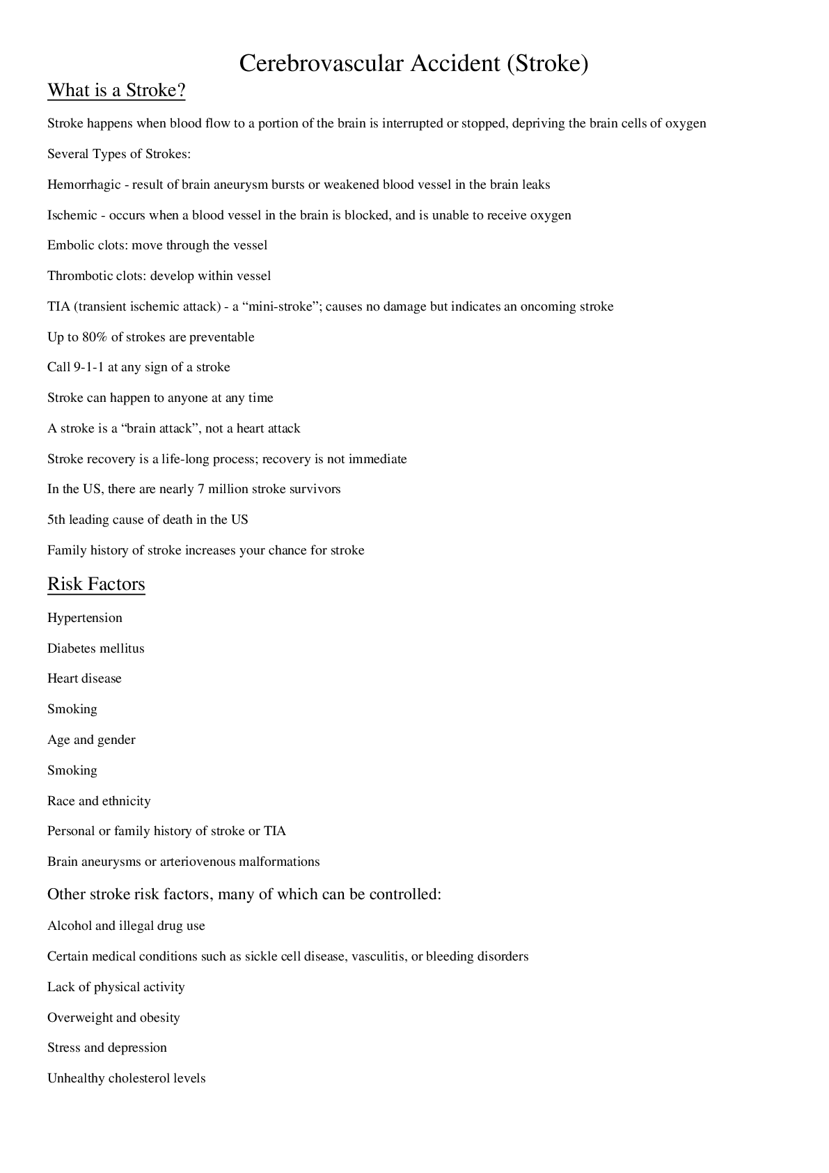 Preview image of Cerebrovascular Accident (Stroke) study guide document