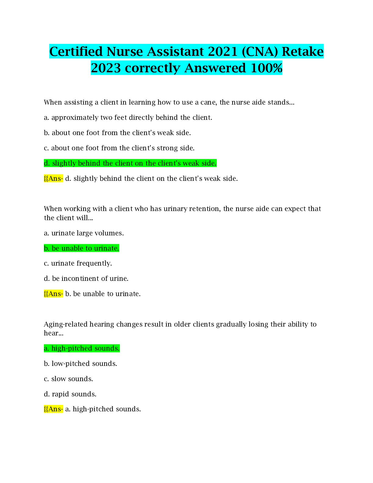 Certified Nurse Assistant 2021 (CNA) Retake 2023 correctly Answered 100 ...