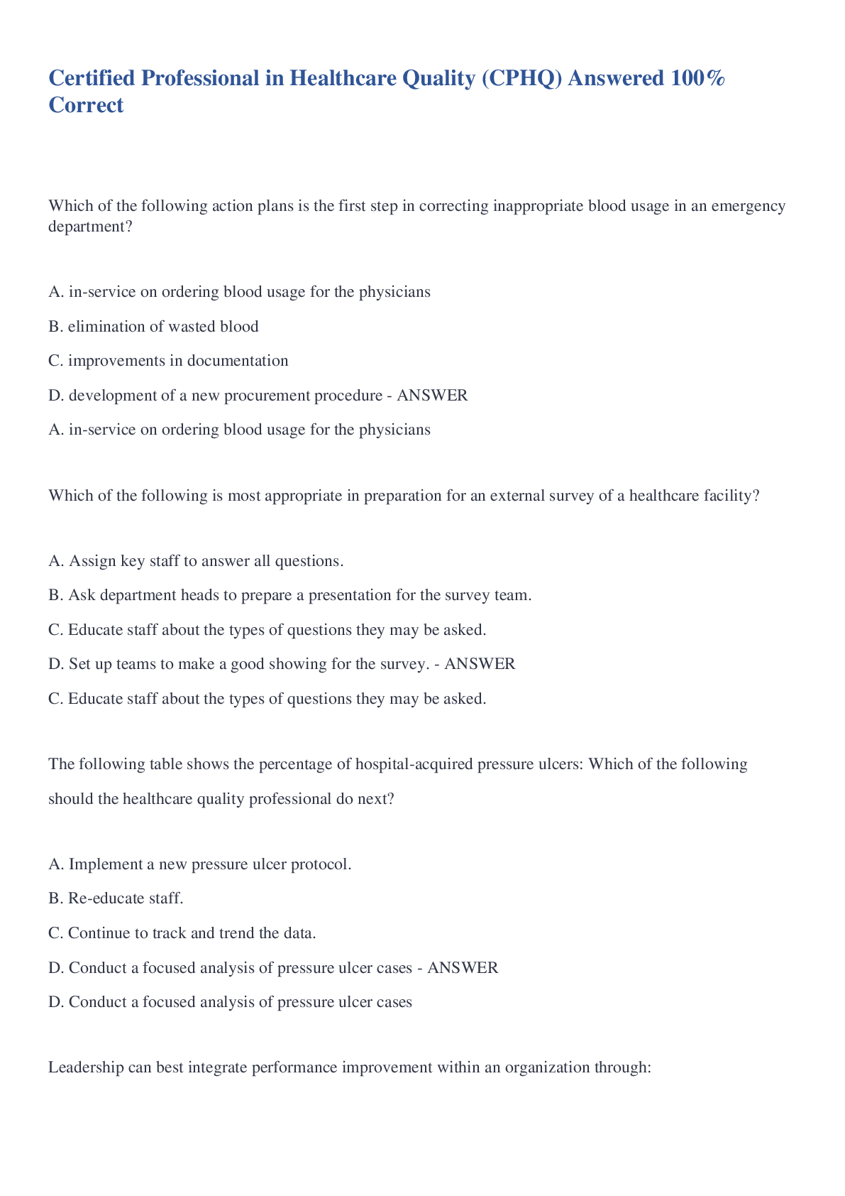 Certified Professional in Healthcare Quality (CPHQ) Answered 100% Co ...