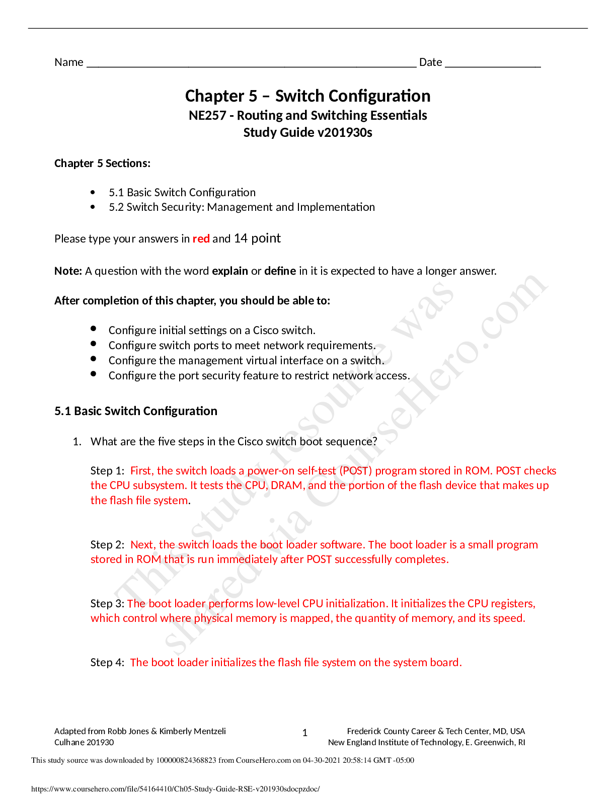 Preview image of CIS NETWORKSCh05 Study Guide - RSE - v201930s. COMPREHENSIVE NOTES ON SWITCH CONFIGURATION. DOWNLOAD TO SCORE A. document