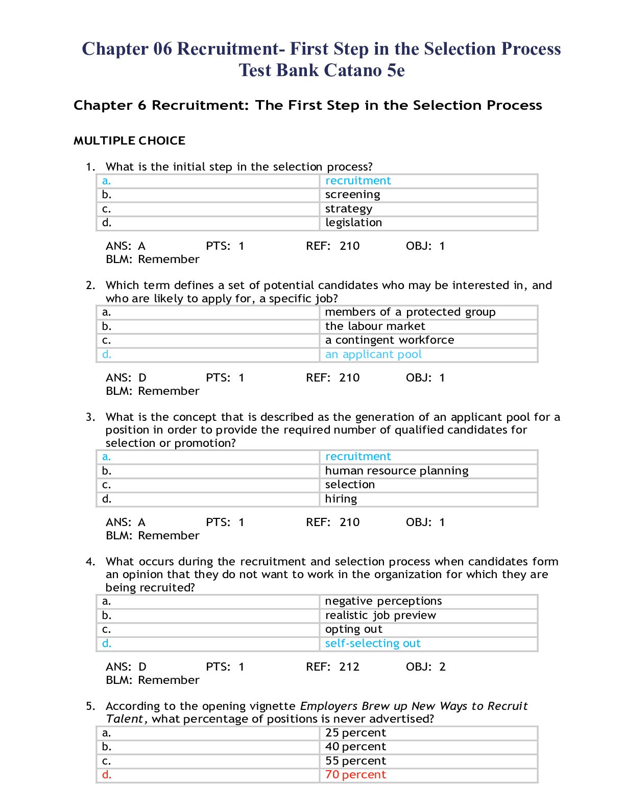 Preview image for Chapter 06 Recruitment- First Step in the Selection Process Test Bank Catano 5e
