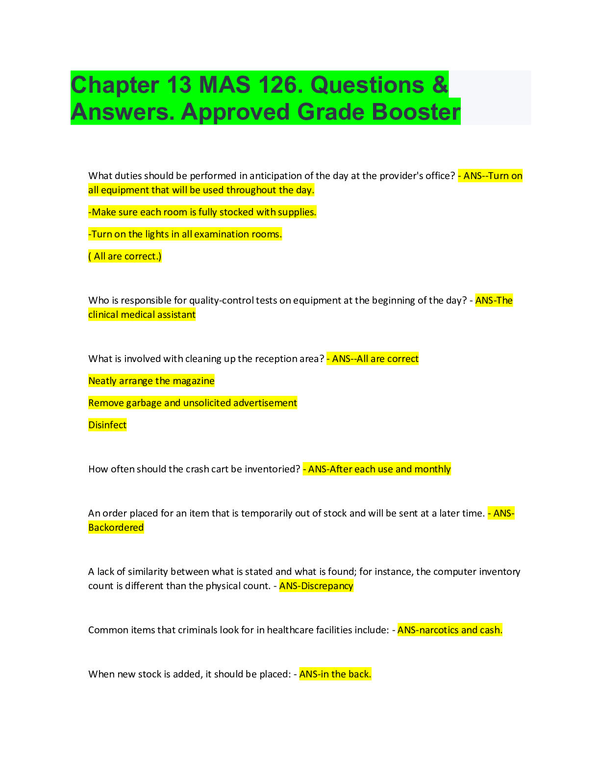 Chapter 13 MAS 126. Questions & Answers. Approved Grade Booster ...