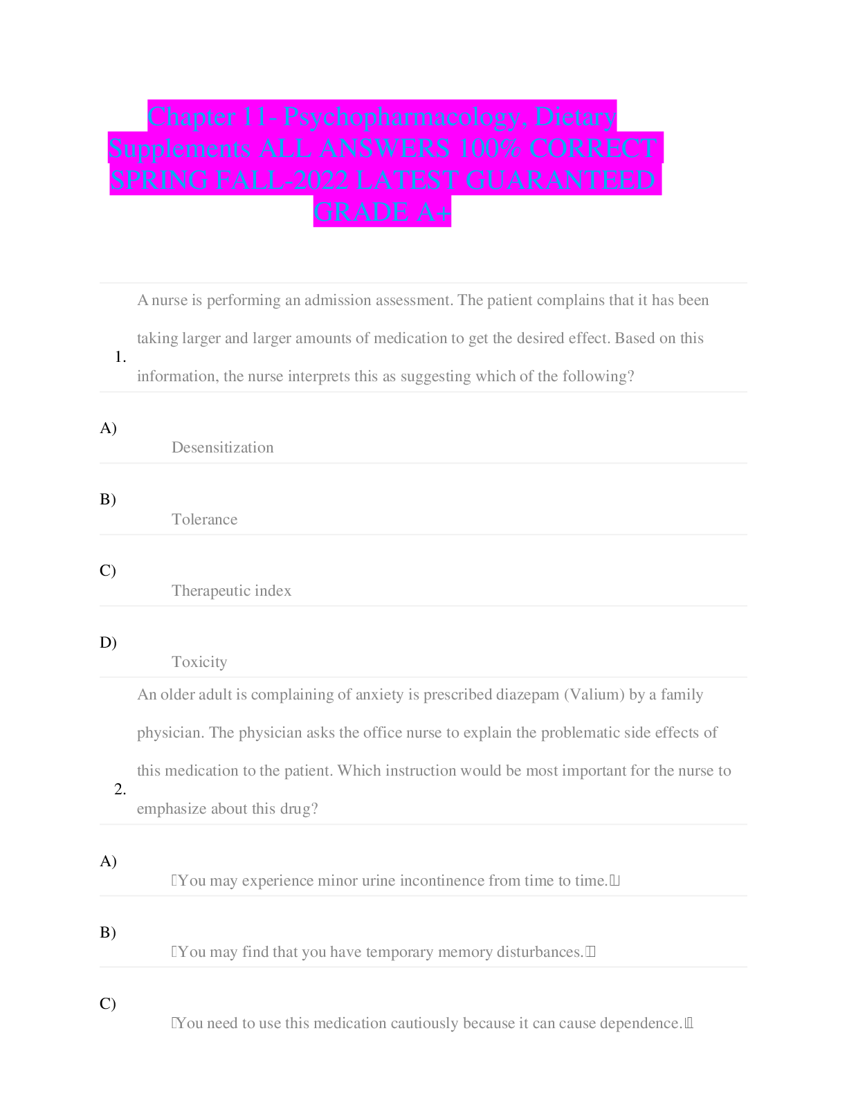Preview image for Chapter 11- Psychopharmacology, Dietary Supplements ALL ANSWERS 100% CORRECT SPRING FALL-2022 LATEST GUARANTEED GRADE A+