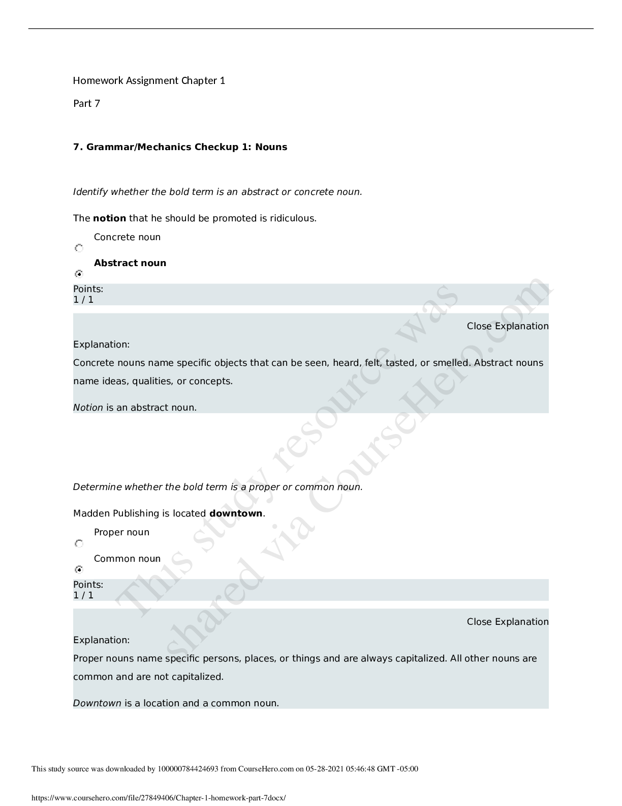 Preview image for Homework Assignment Chapter 1 Part 7 7. Grammar/Mechanics Checkup 1: Nouns