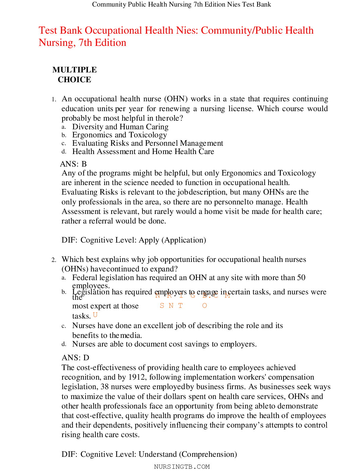Preview image for Test Bank Occupational Health Nies: Community/Public Health Nursing, 7th Edition,100% CORRECT