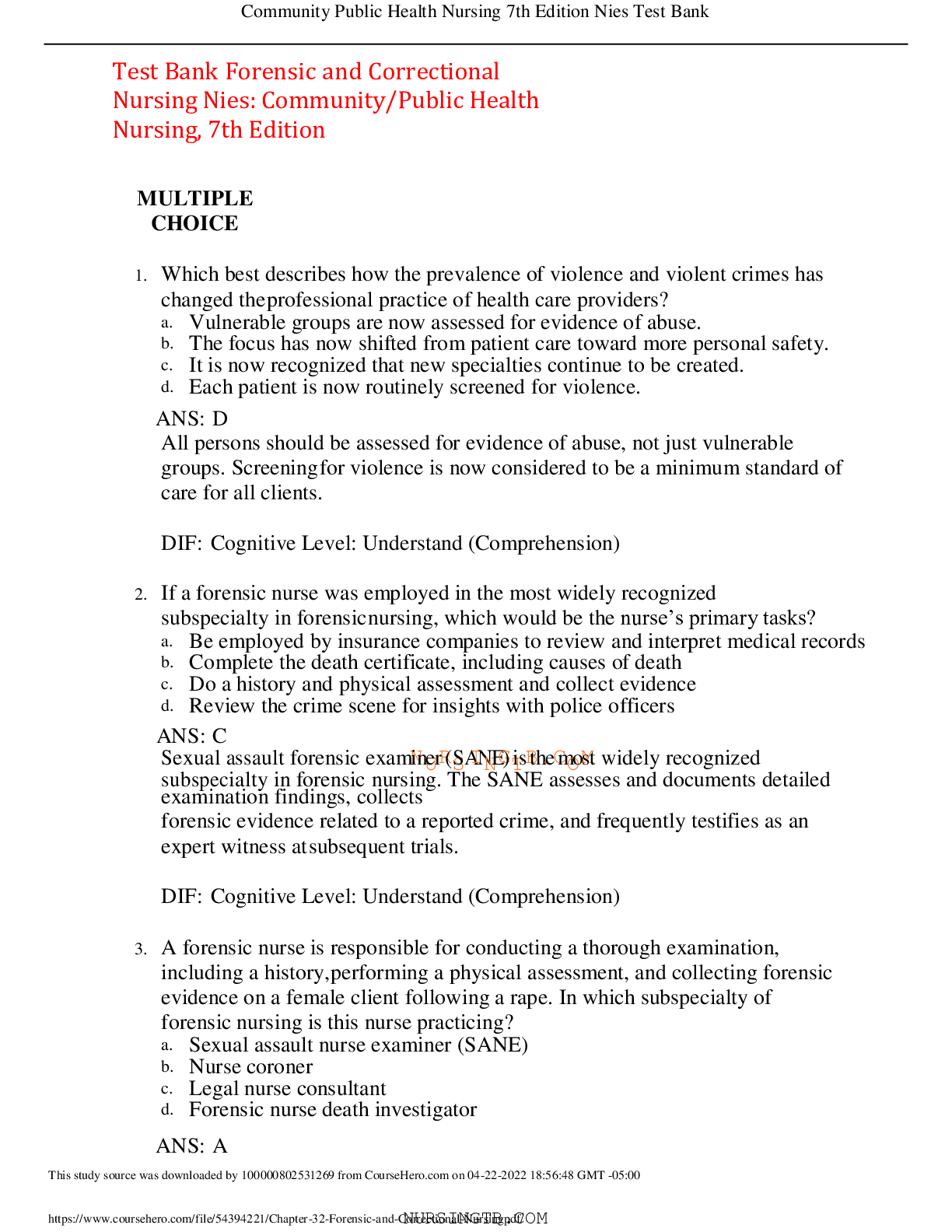 Preview image for Test Bank Forensic and Correctional Nursing Nies: Community/Public Health Nursing, 7th Edition,100% CORRECT