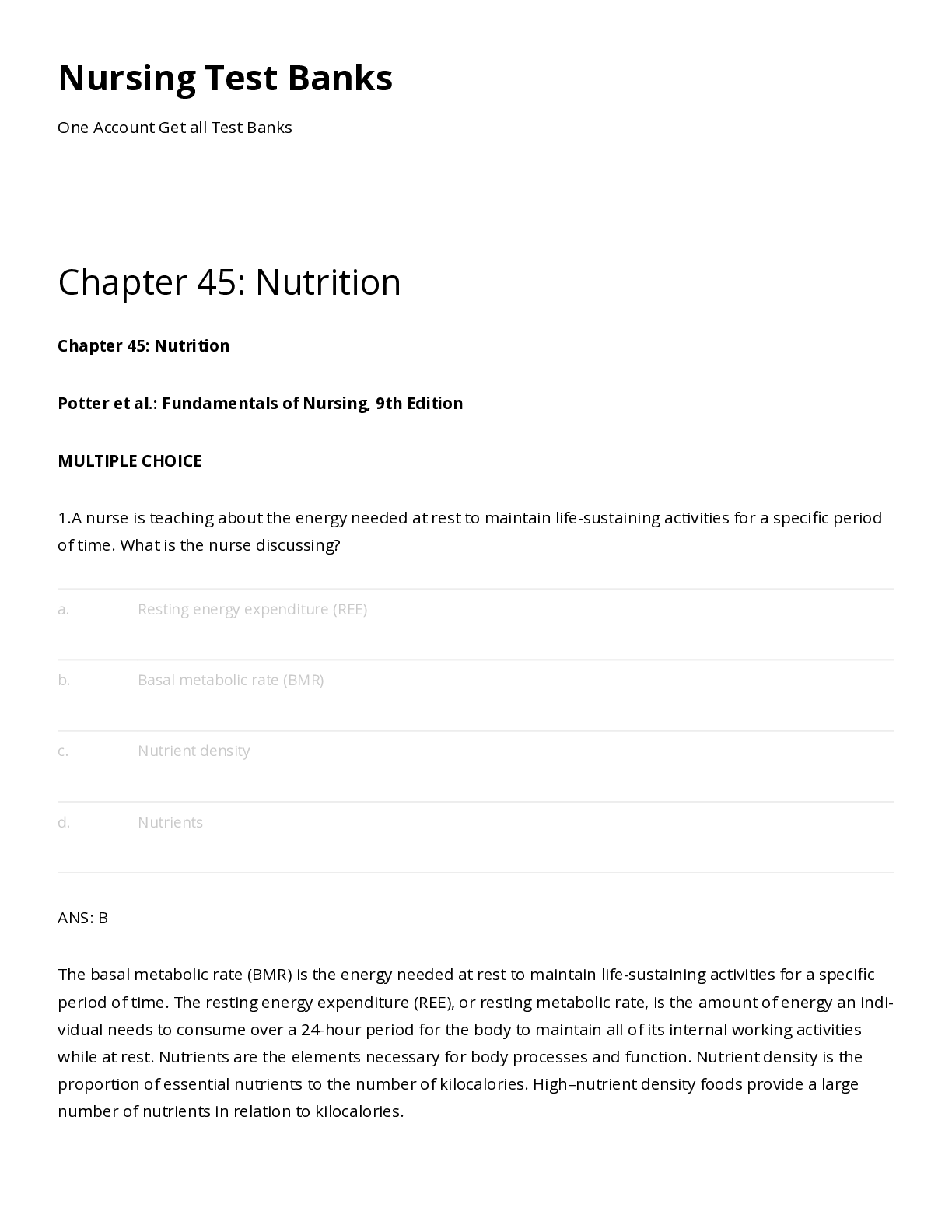 Preview of Chamberlain College of Nursing - NR 224 Chapter 45_ Nutrition _ Nursing Test Banks