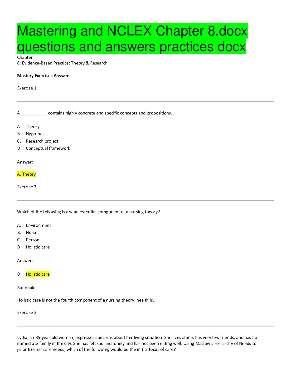 Preview image of Mastering and NCLEX Chapter 8.docx questions and answers practices docx document