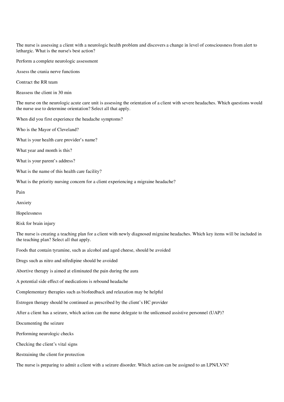 Preview image of Ohio University:Chapter 9 Neurologic Problems,100% CORRECT document