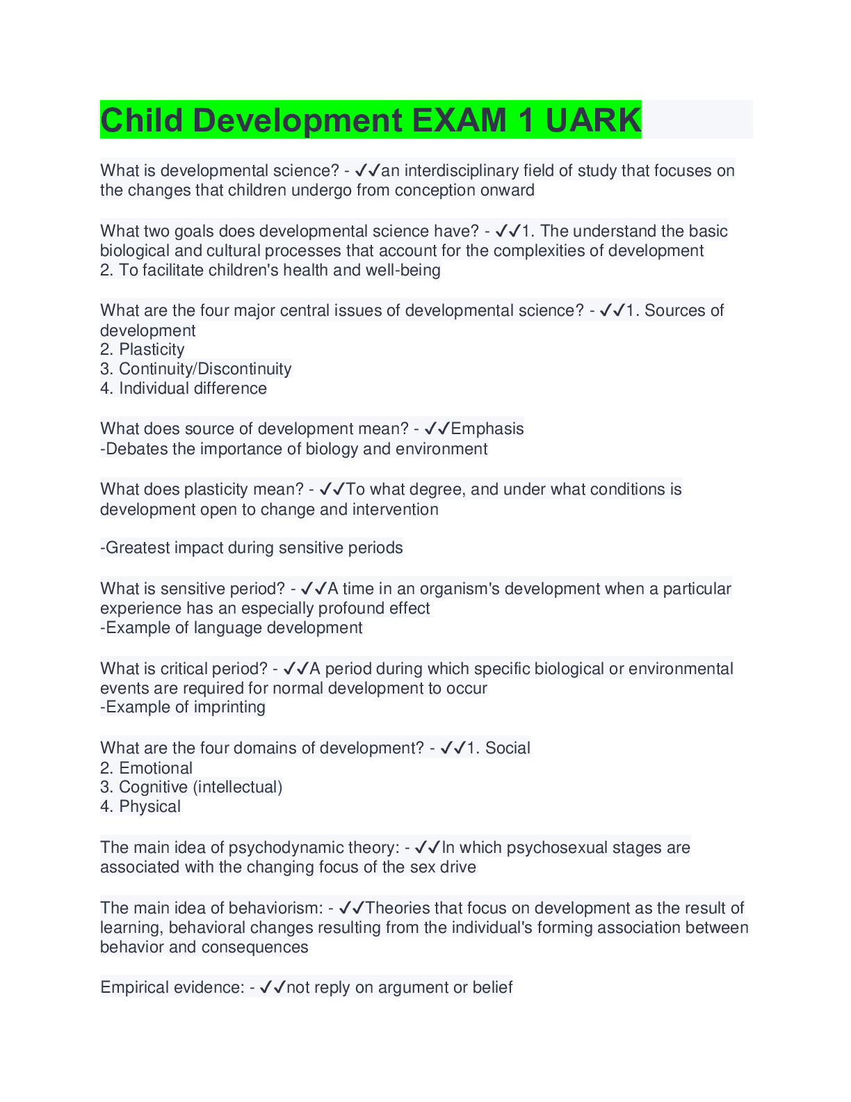 Child Development EXAM 1 UARK | 109 Questions with 100% Correct Answers ...