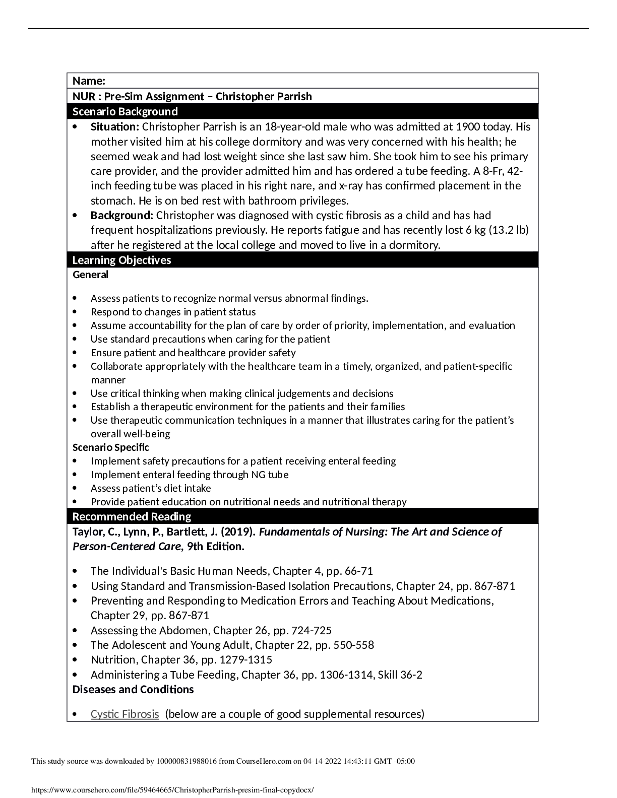 Preview image for NUR 116 NUR : Pre-Sim Assignment – Christopher Parrish