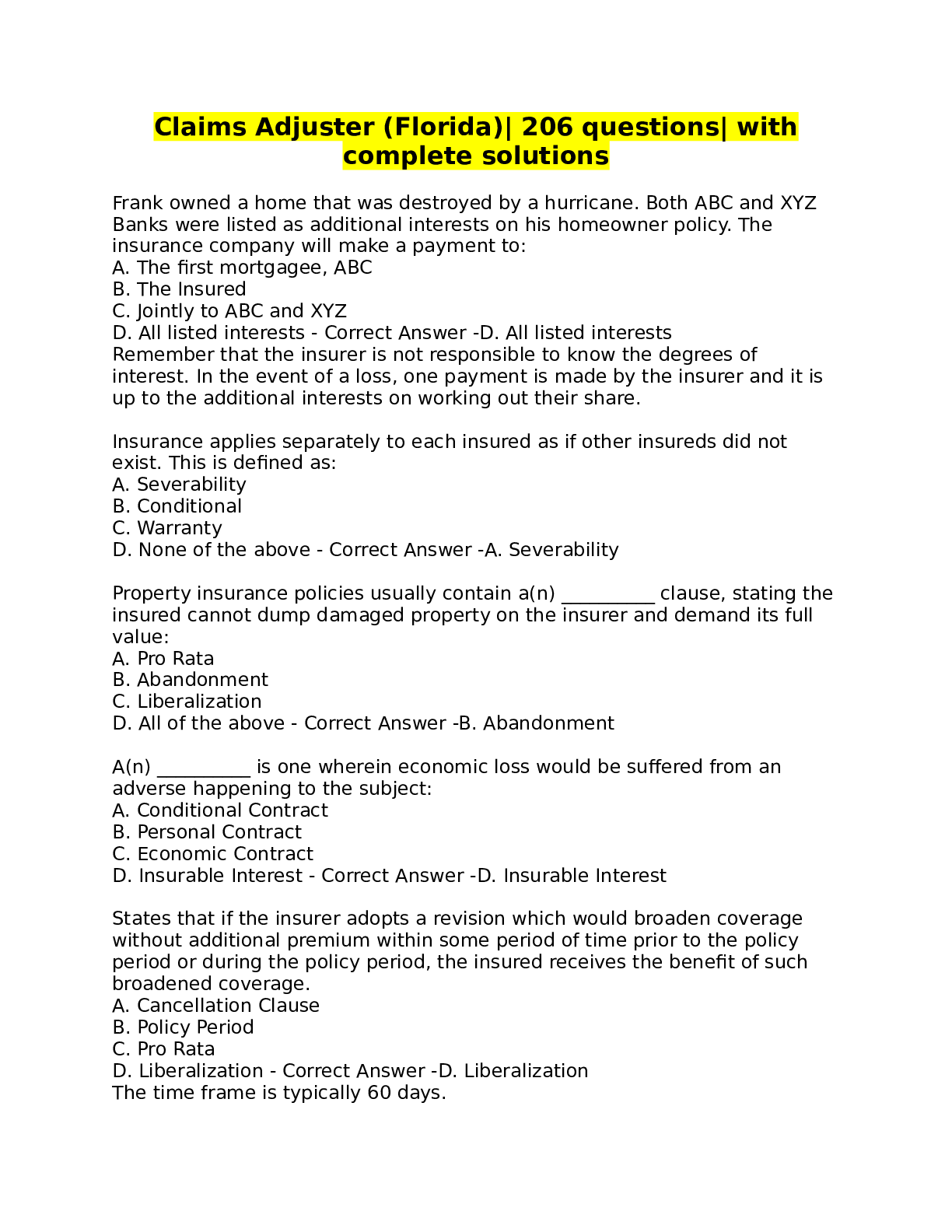 Preview image for Claims Adjuster (Florida)| 206 questions| with complete solutions2023