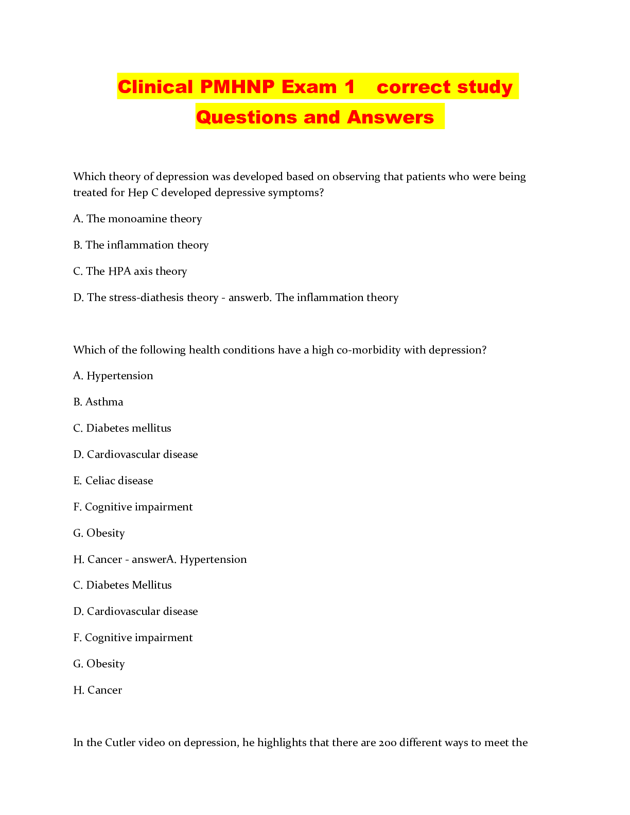 Clinical PMHNP Exam 1 correct study Questions and Answers | ScholarFriends