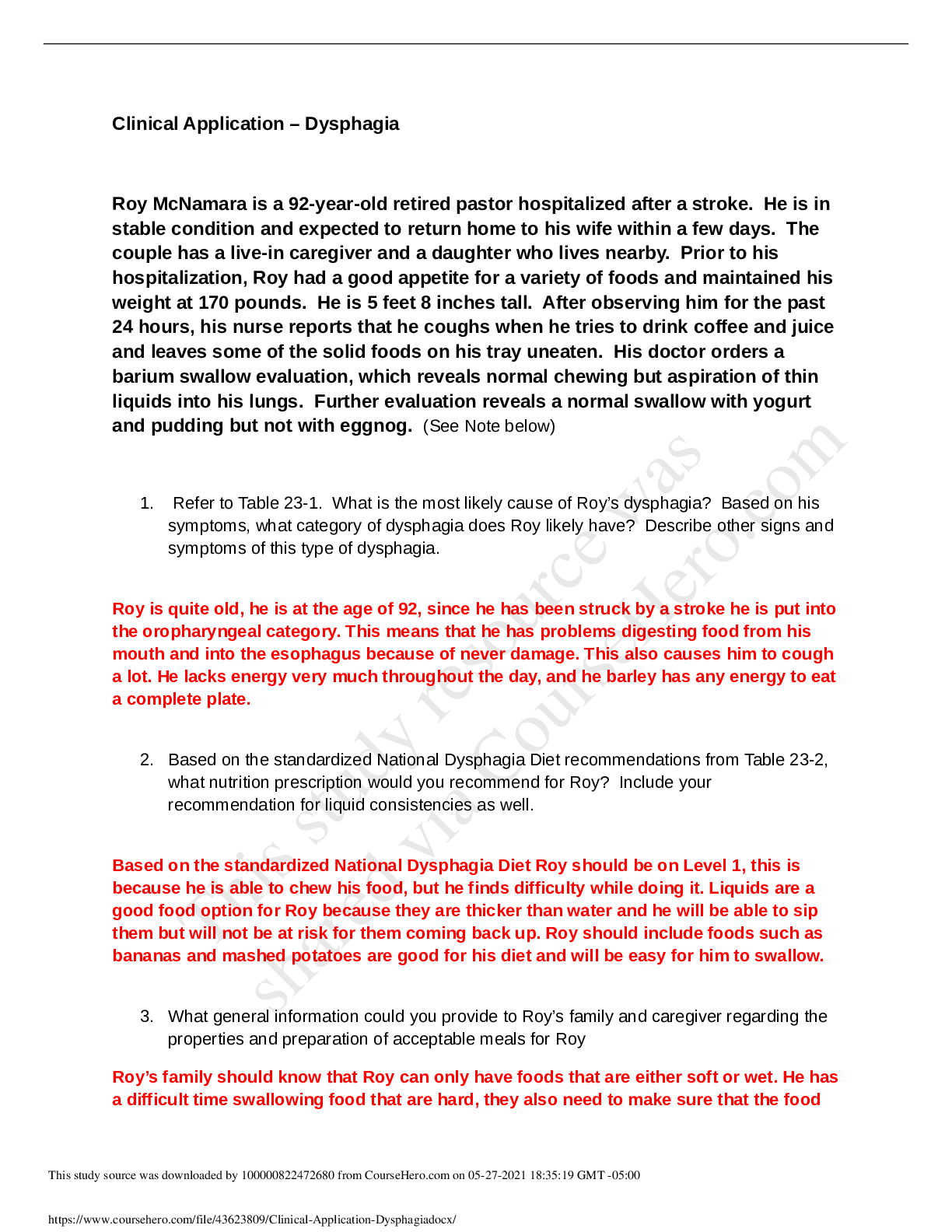 Preview image of Clinical Application Dysphagia-VERIFIED BY EXPERTS-ALL NSWERS CORRECT document