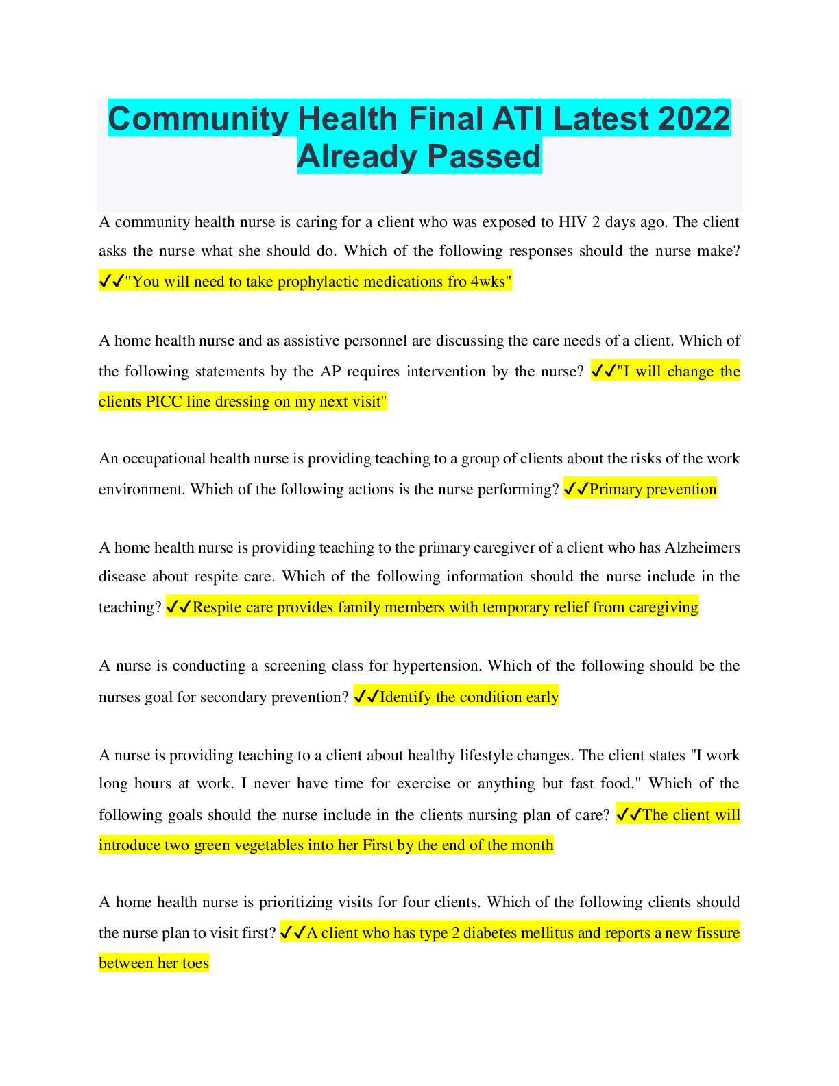 Community Health Final ATI Latest 2022 Already Passed - Scholarfriends