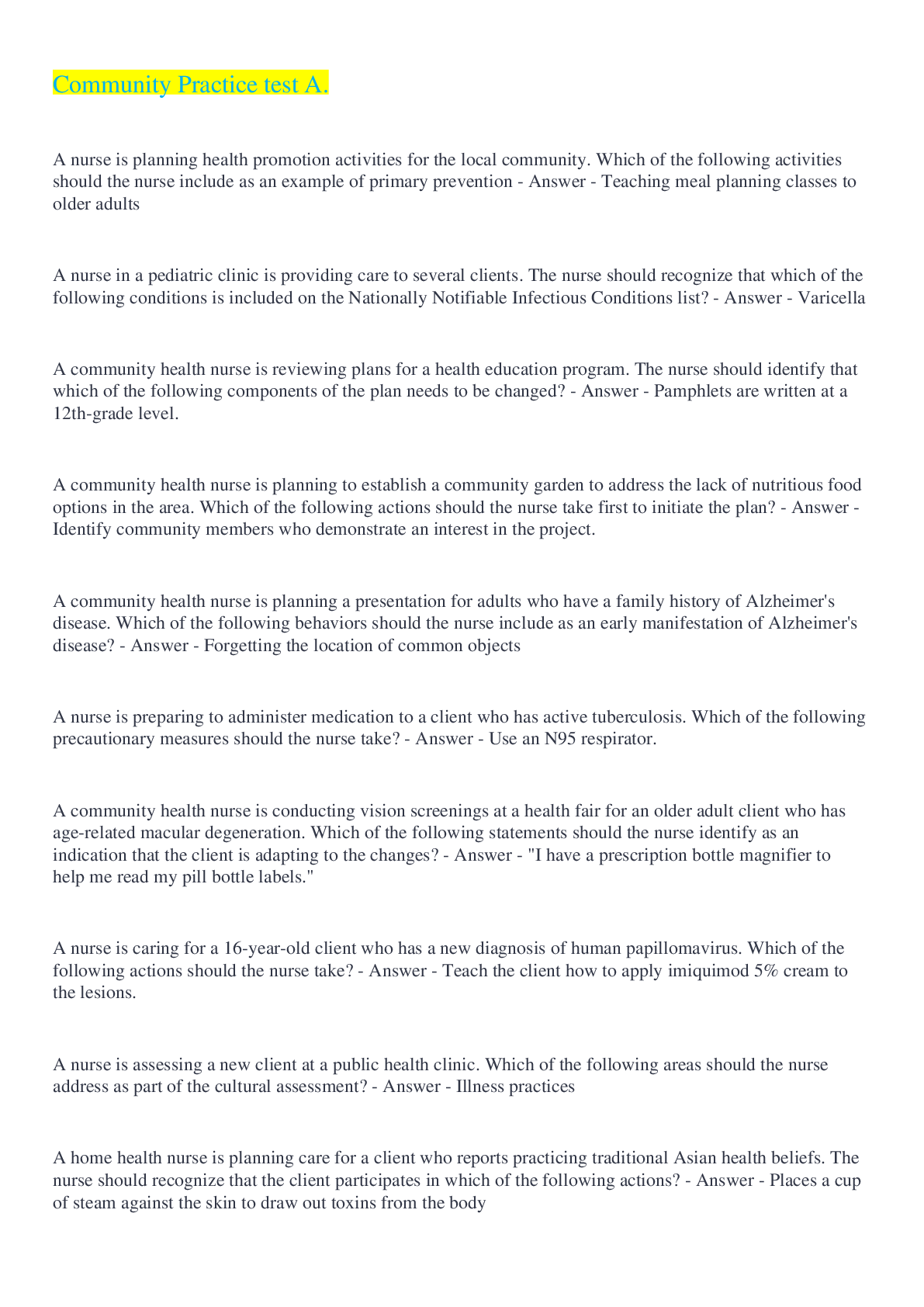 Community Practice test A. Questions & Answers. 100% Proven pass rate ...