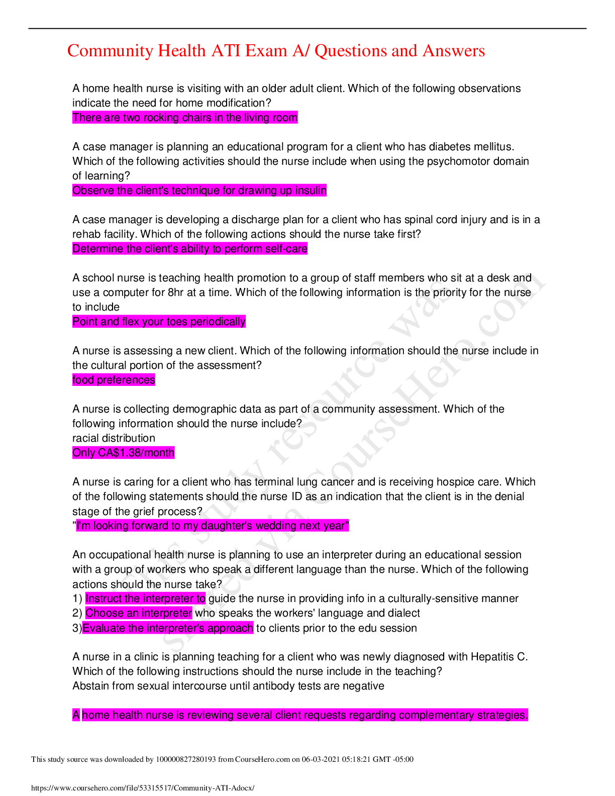 Preview of Community Health ATI Exam A/ Questions and Answers>GRADED A