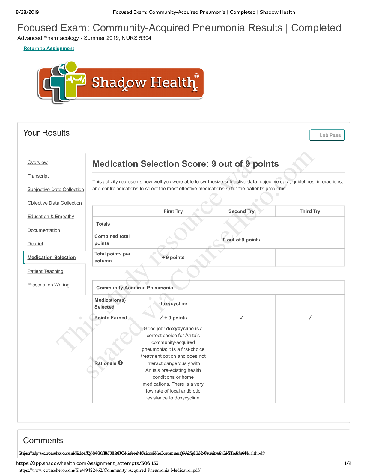 Preview of Focused Exam: Community-Acquired Pneumonia Results | Completed Advanced Pharmacology - Sum