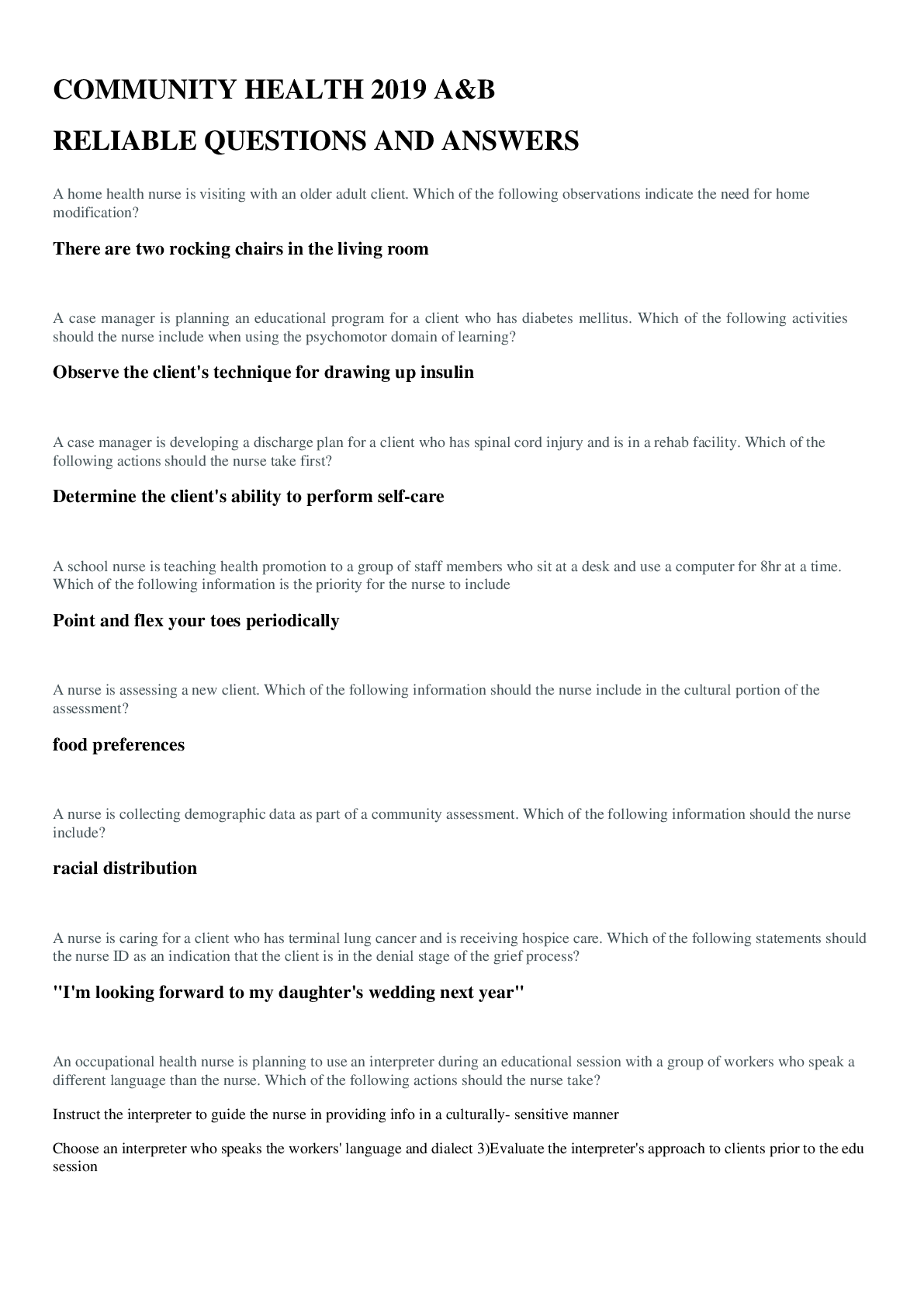 Recommended document preview for COMMUNITY HEALTH 2019 A&B RELIABLE QUESTIONS AND ANSWERS