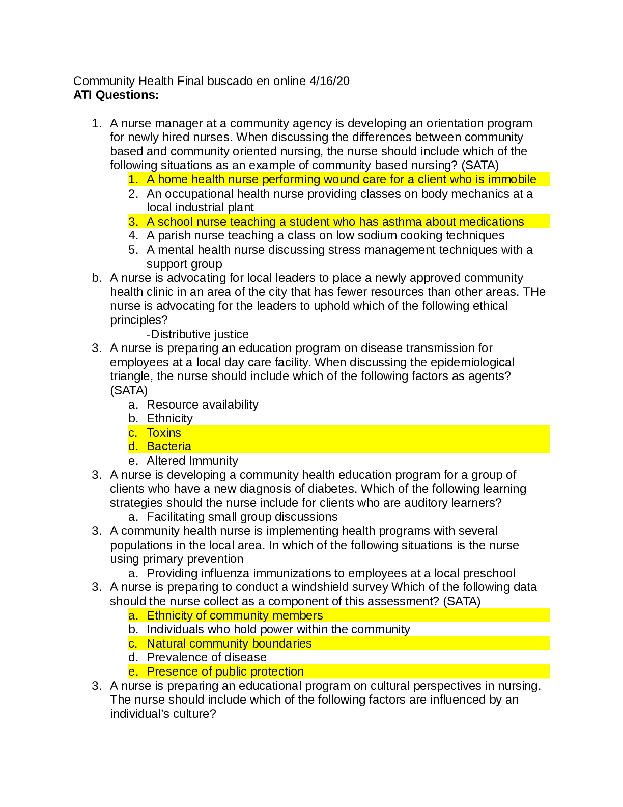 Preview image for Community Health Final buscado en online 2020/2021 ATI Questions