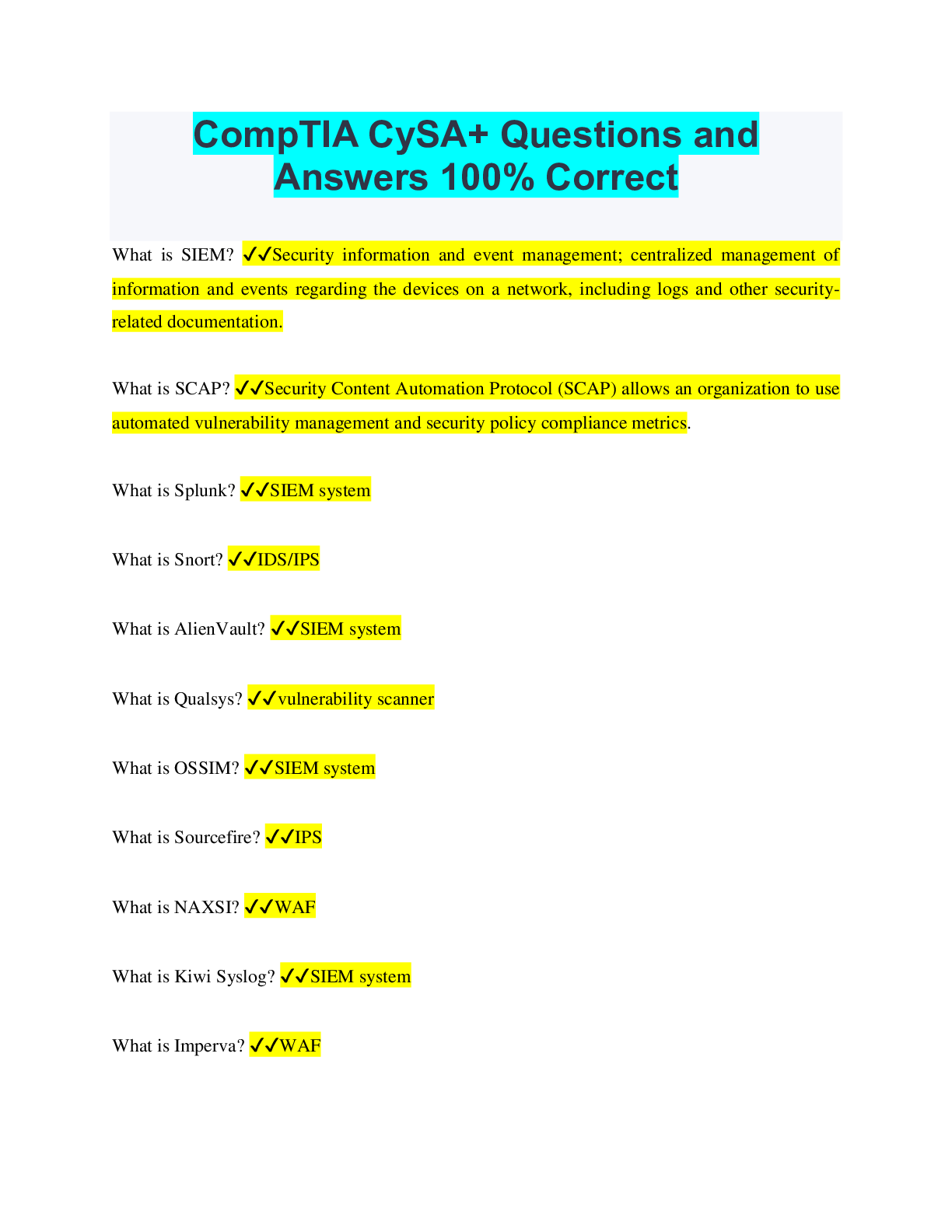 CompTIA CySA+ Questions and Answers 100% Correc - Scholarfriends