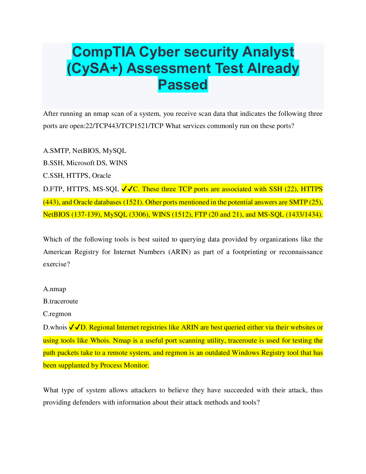 CompTIA Cyber security Analyst (CySA+) Assessment Test Already Passed ...
