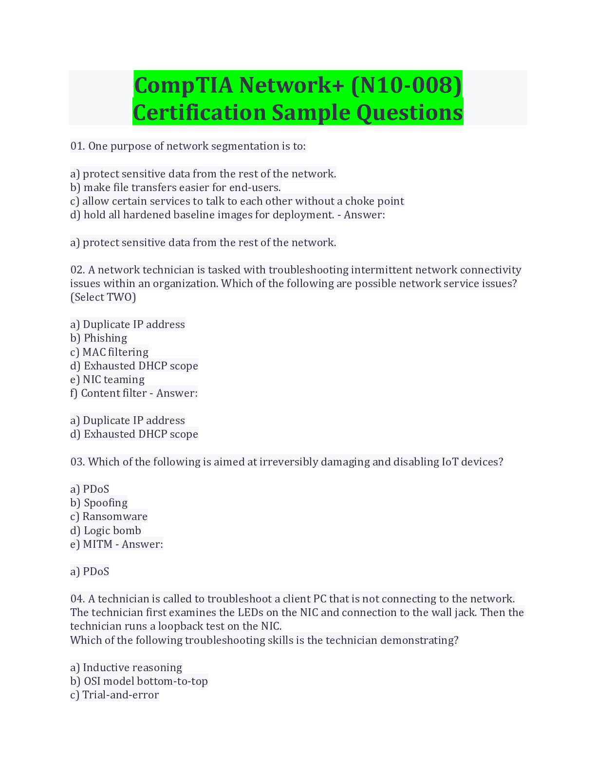 CompTIA Network+ (N10-008) Certification Sample Questions And Answers ...