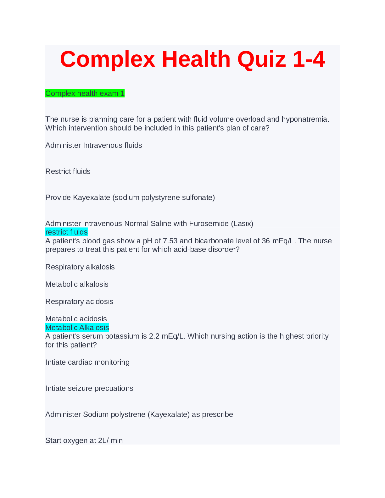 Preview image for Complex Health Quiz 1-4 (ANSWERED)