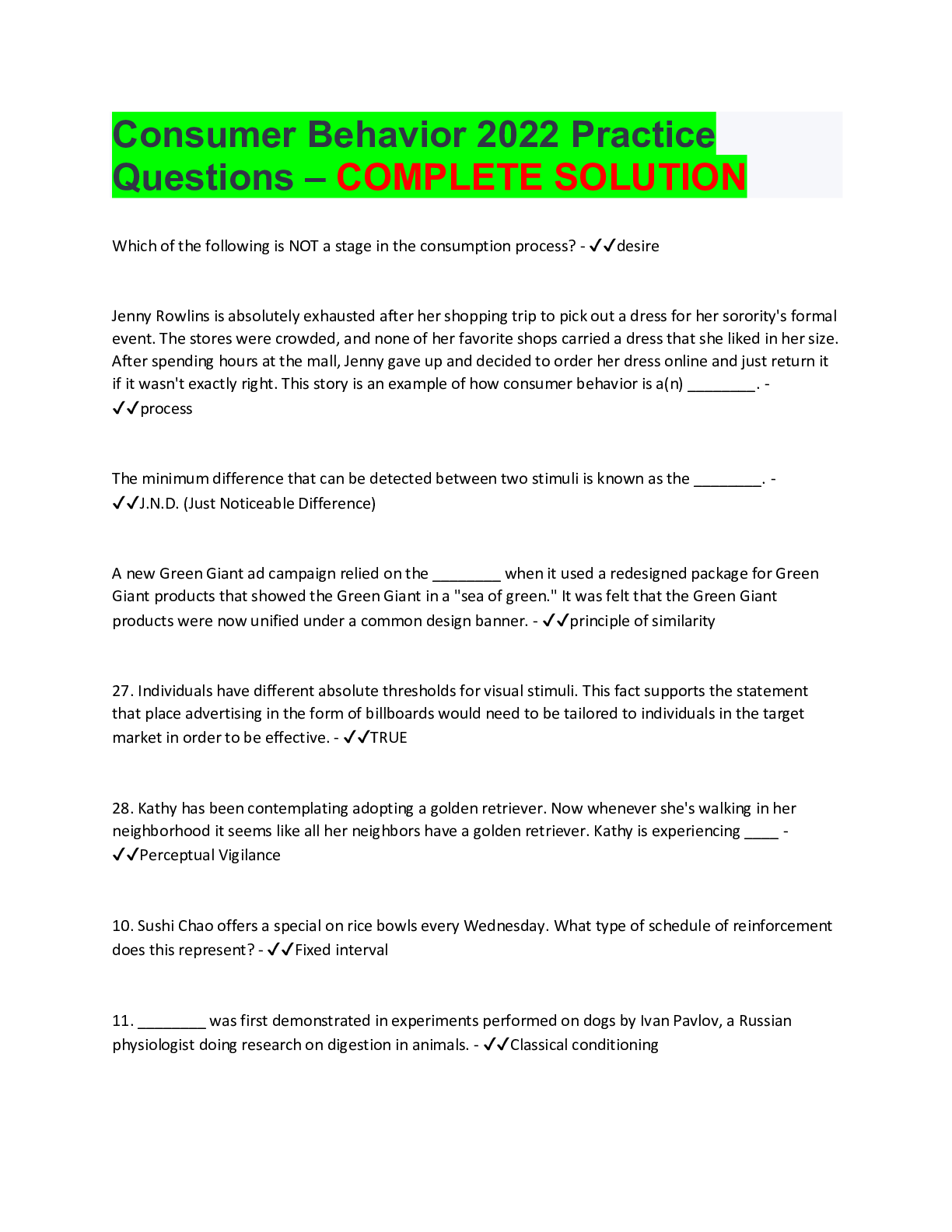 Consumer Behavior 2022 Practice Questions – COMPLETE SOLUTION ...