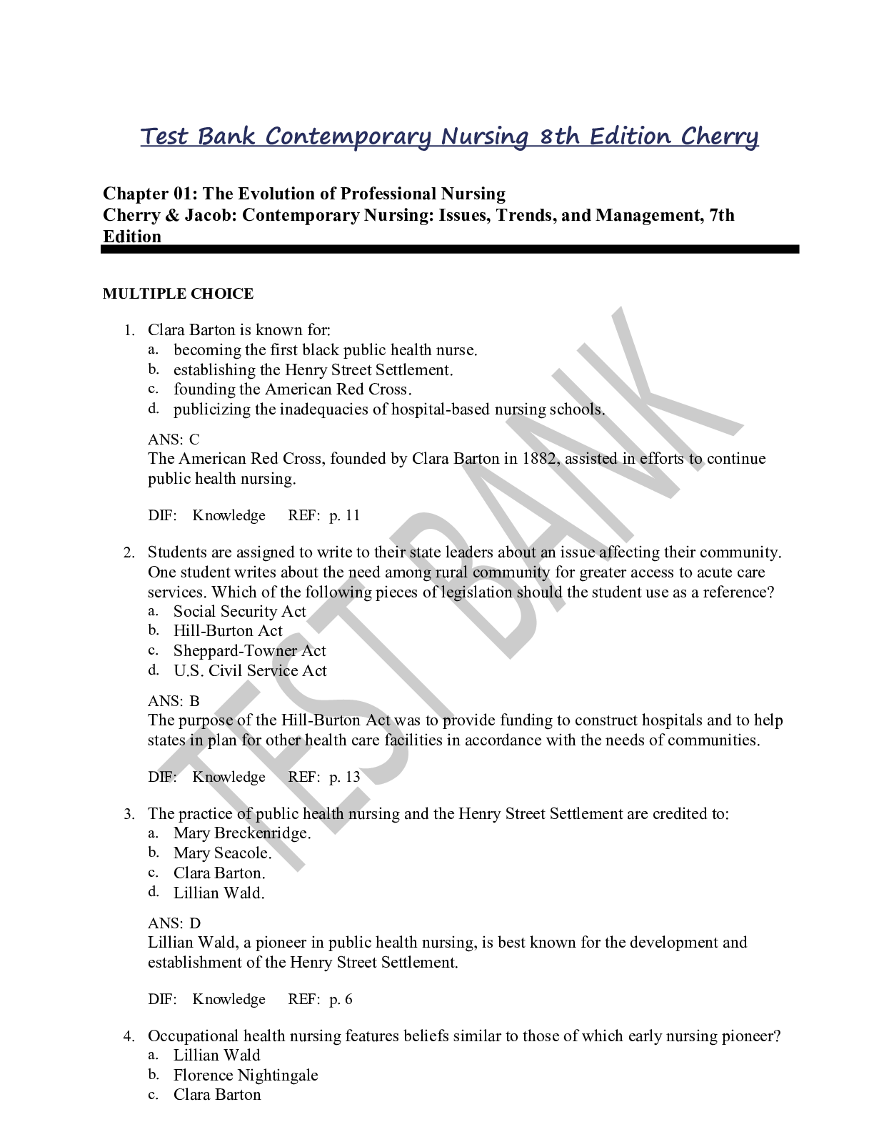 Preview of Test Bank Contemporary Nursing 8th Edition Cherry
