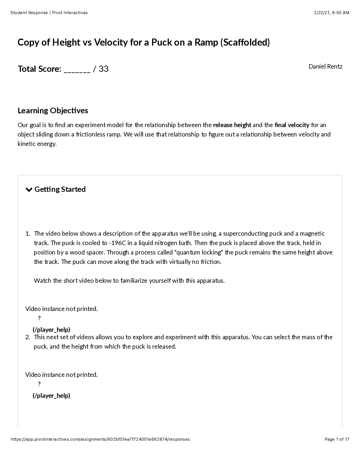Preview image for Copy of Height vs Velocity for a Puck on a Ramp (Scaffolded) - Florida National University