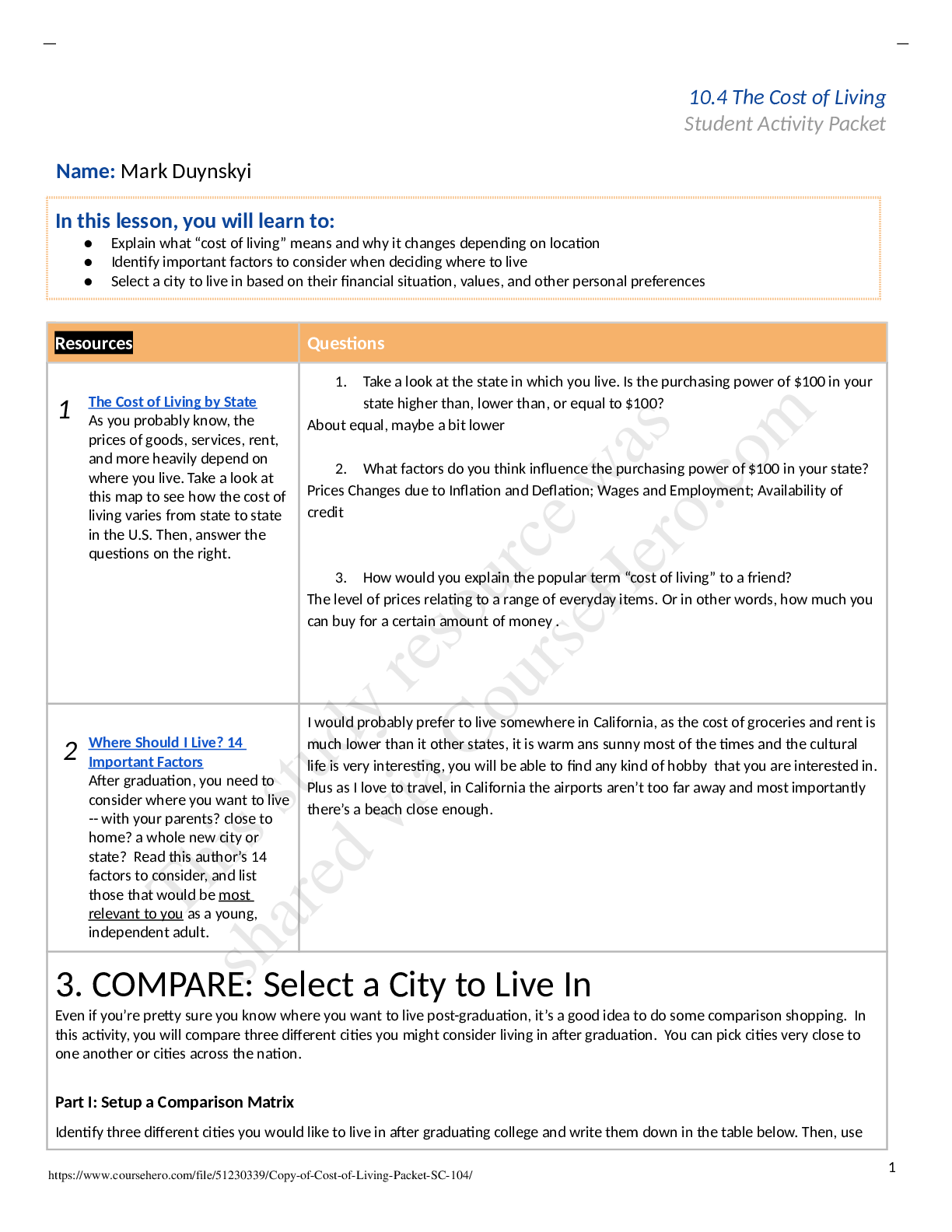 Preview of Washington Lee High - ECON N/ACopy of Cost of Living Packet SC-10.4