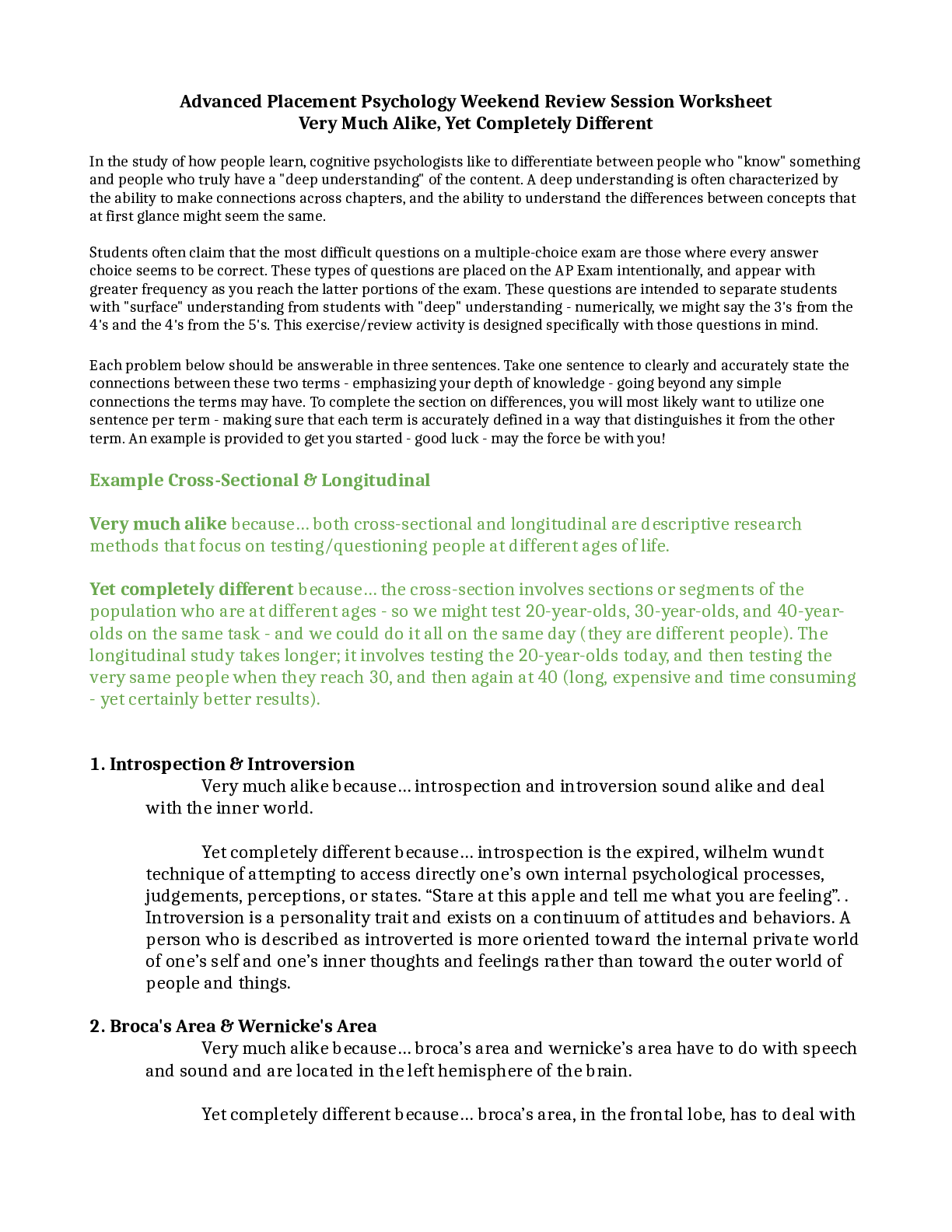 Preview image for Advanced Placement Psychology Weekend Review Session Worksheet Very Much Alike, Yet Completely Different