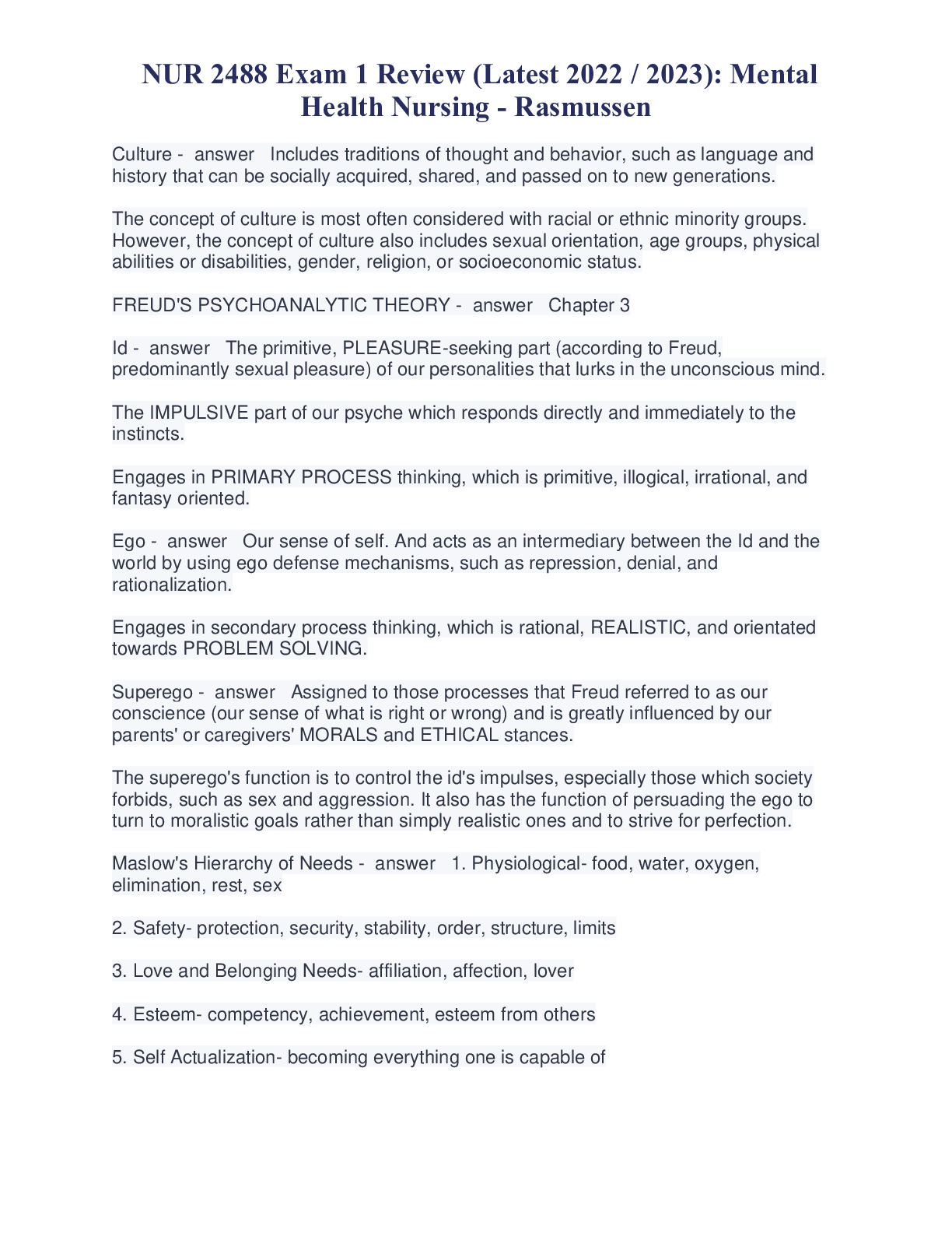 Preview image for NUR 2488 Exam 1 Review (Latest 2022 / 2023): Mental Health Nursing - Rasmussen