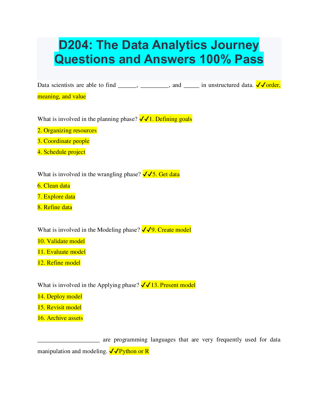 D204: The Data Analytics Journey Questions and Answers 100% Pass ...
