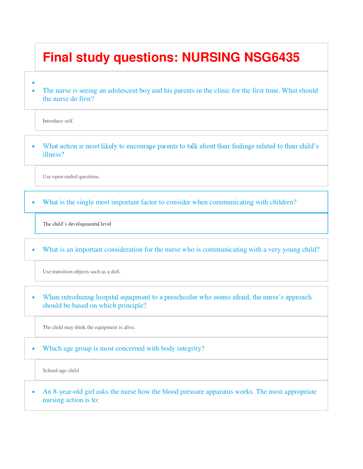Preview of NSG 6435 Final study questions. All Verified answers