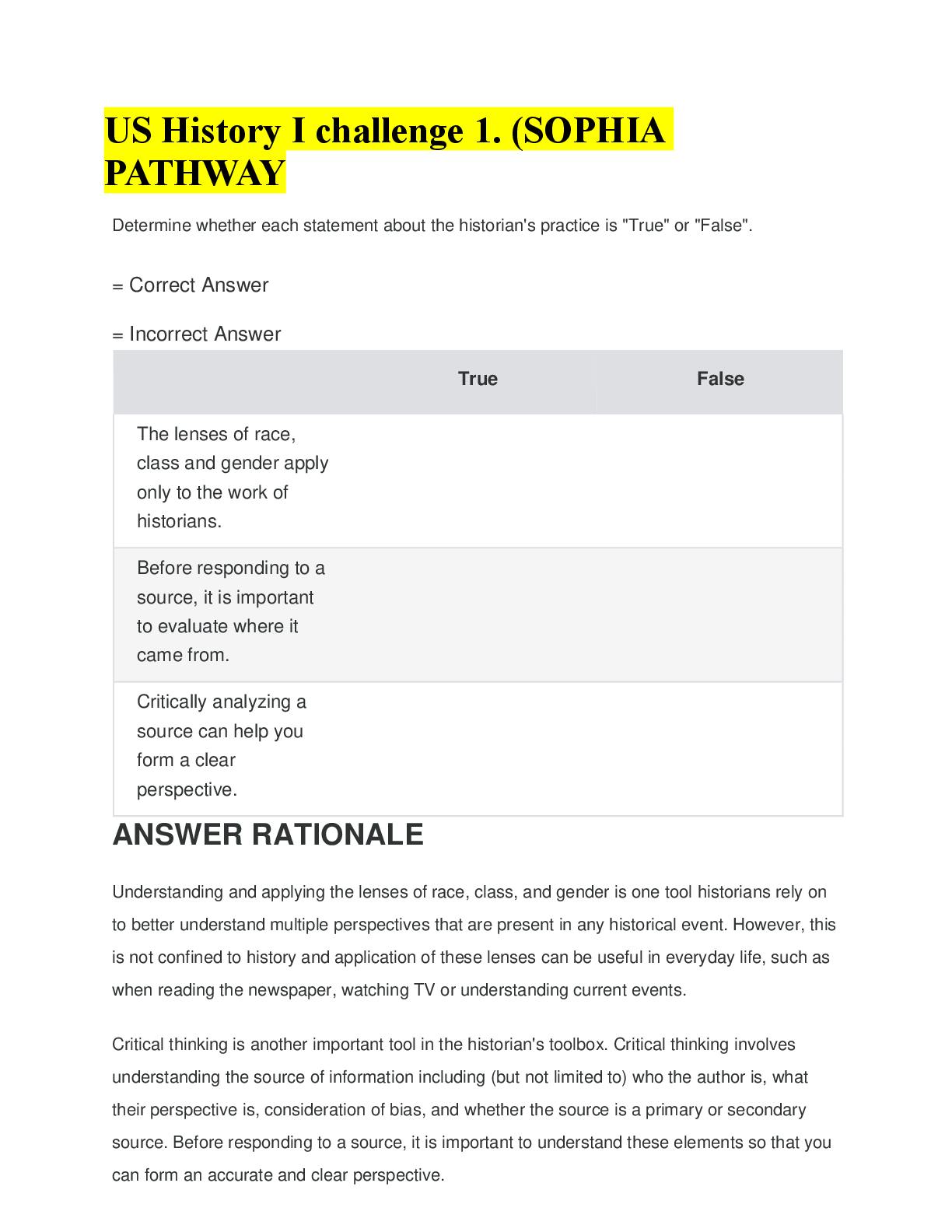 Preview of US History I challenge 1. SOPHIA PATHWAY  Questions & Answers