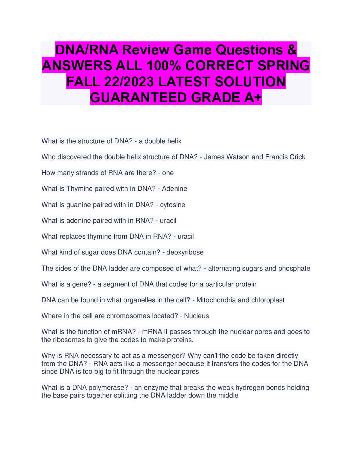 Preview of DNA/RNA Review Game Questions & ANSWERS ALL 100% CORRECT SPRING FALL 22/2023 LATEST SOLUTI
