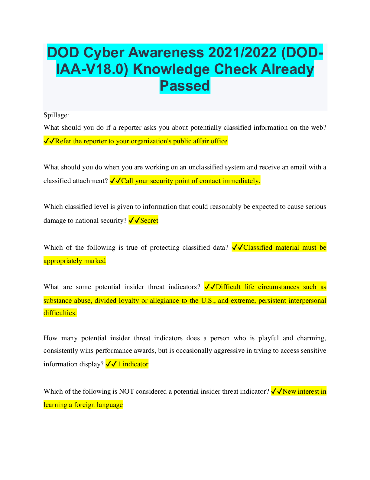 DOD Cyber Awareness 2021/2022 (DODIAA-V18.0) Knowledge Check Already ...