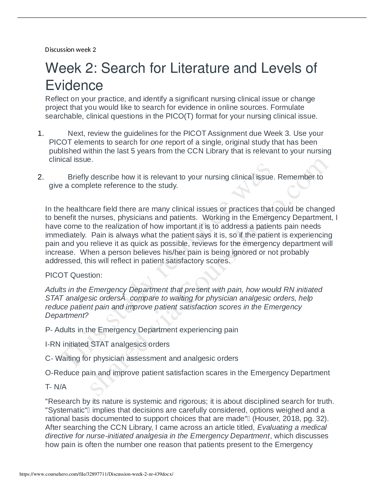Preview image for NURSING 439 DISCUSSION Week 2: Search for Literature and Levels of Evidence