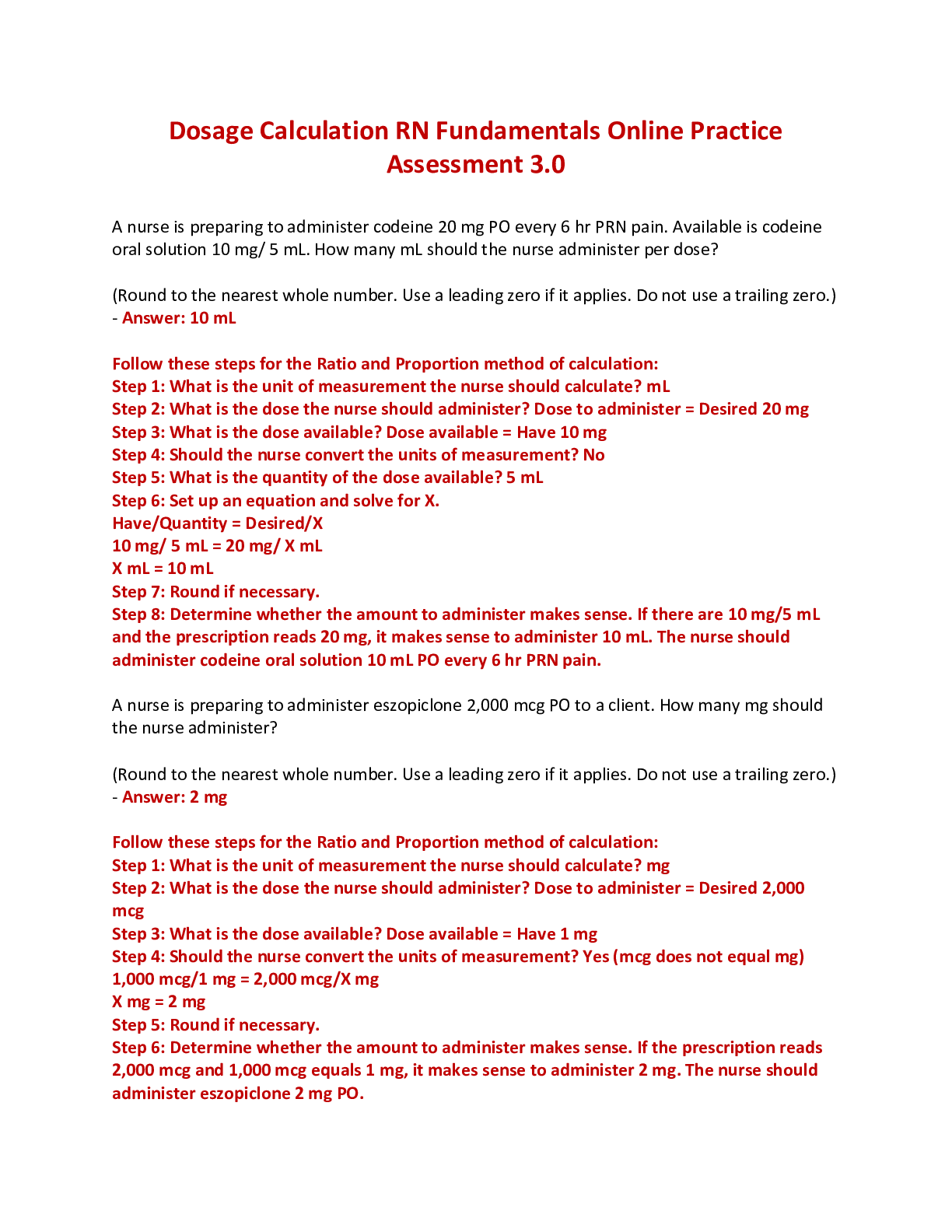 Dosage Calculation RN Fundamentals Online Practice Assessment 3.0 ...