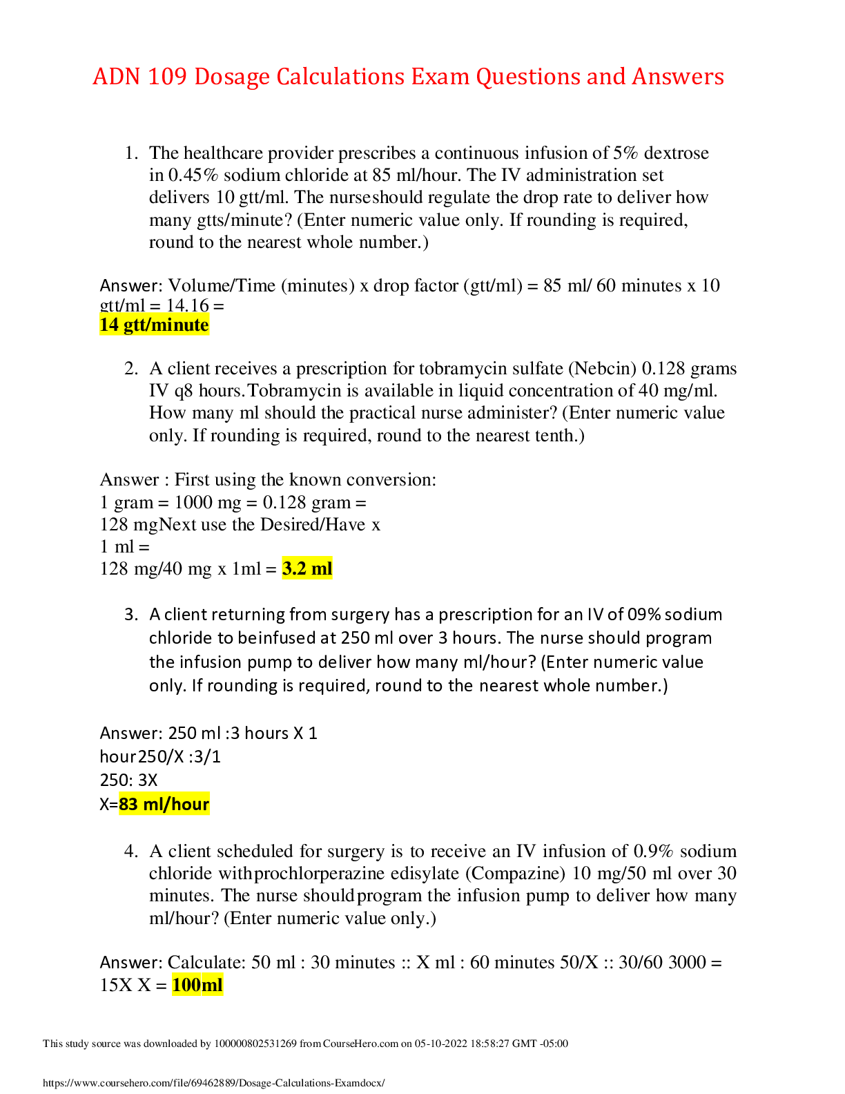 Preview image for ADN 109 Dosage Calculations Exam Questions and Answers,100% CORRECT