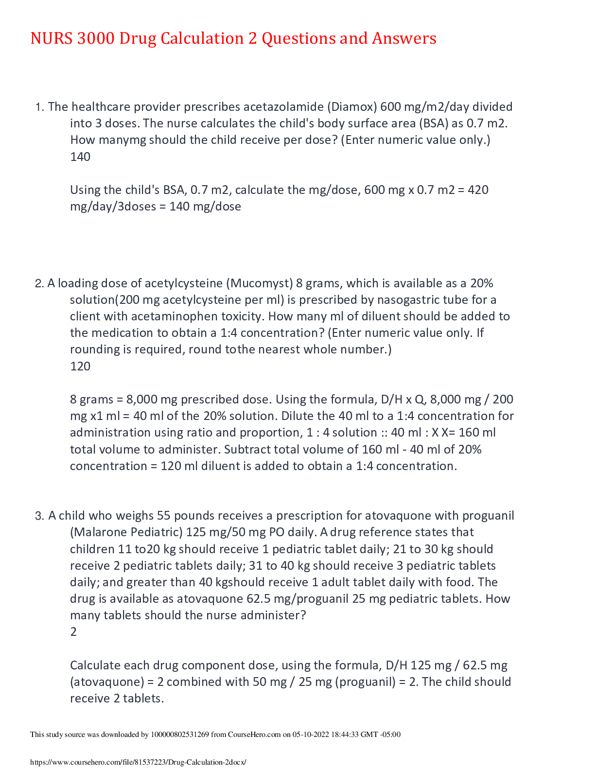 Preview of NURS 3000 Drug Calculation 2 Questions and Answers,100% CORRECT