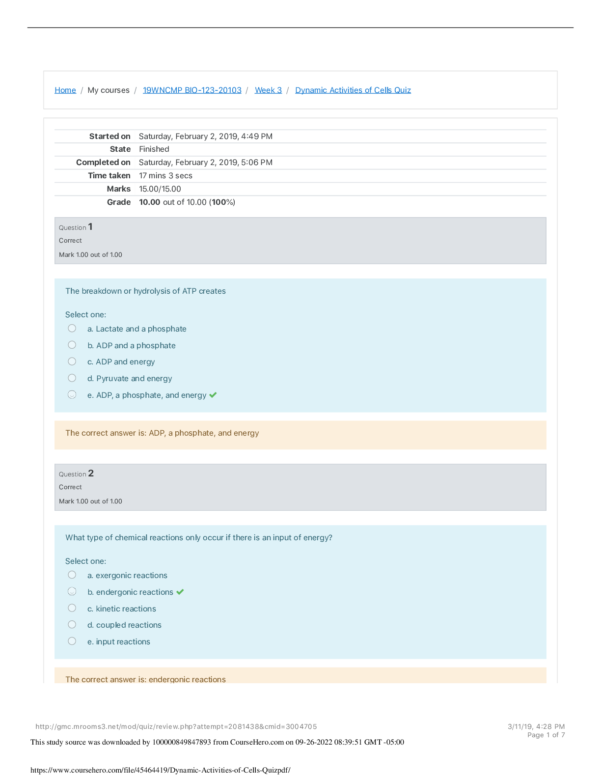 Preview image for Georgia Military College BIO 123  Dynamic Activities of Cells Quiz: Grade 10.00 out of 10.00 (100%)