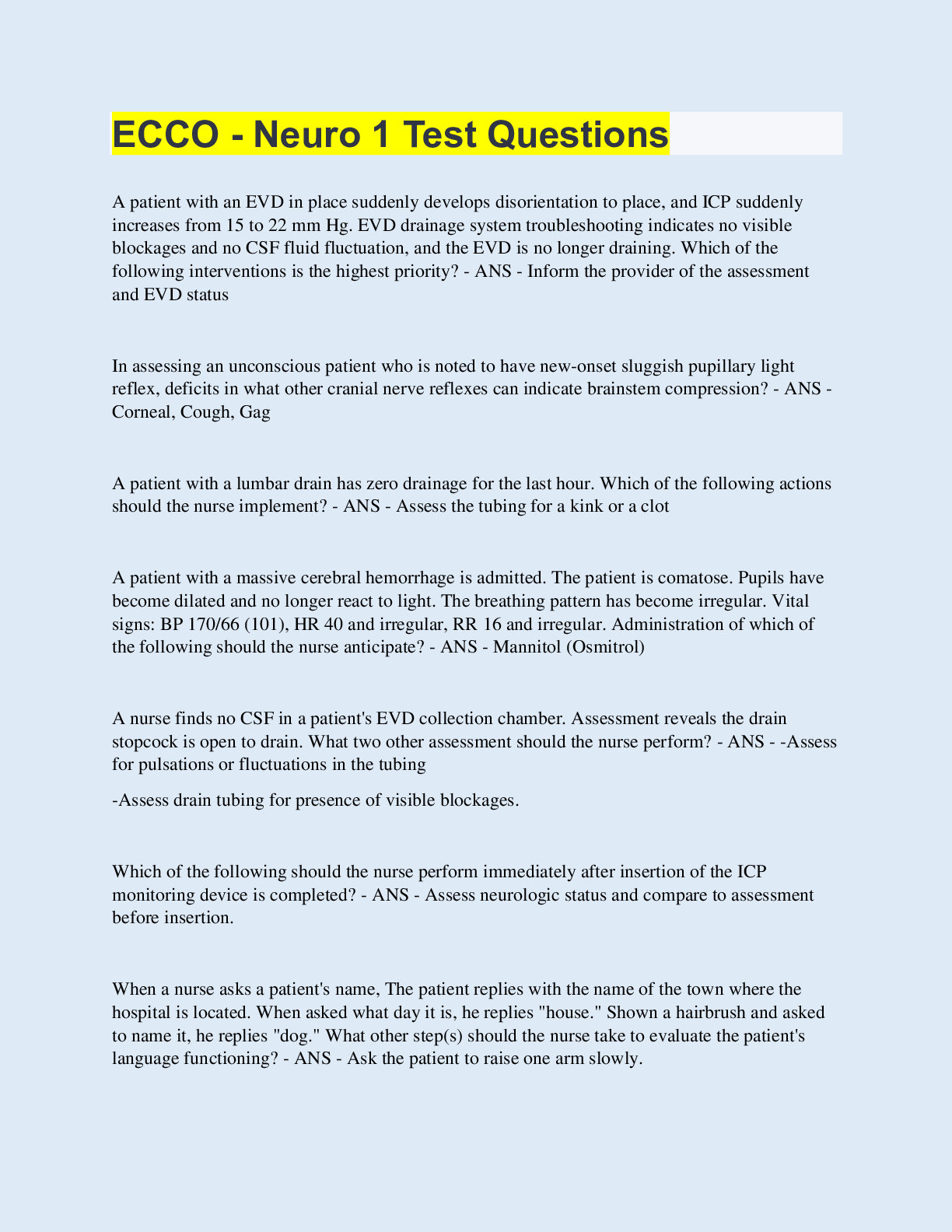 Preview image for ECCO - Neuro 1 Test Questions | with 100% Correct Answers | Updated & Verified
