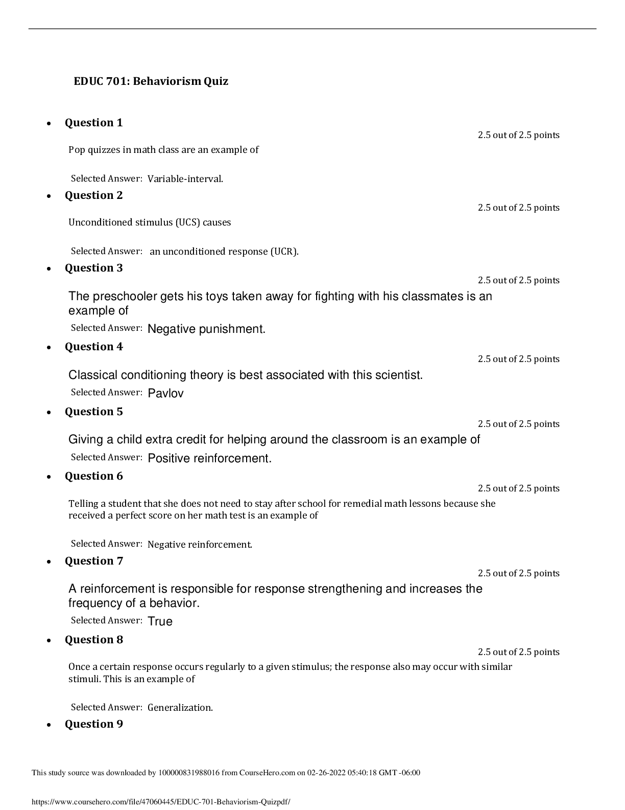 Preview image for EDUC 701 EDUC 701 Behaviorism Test. Questions & Answers. Already Graded A