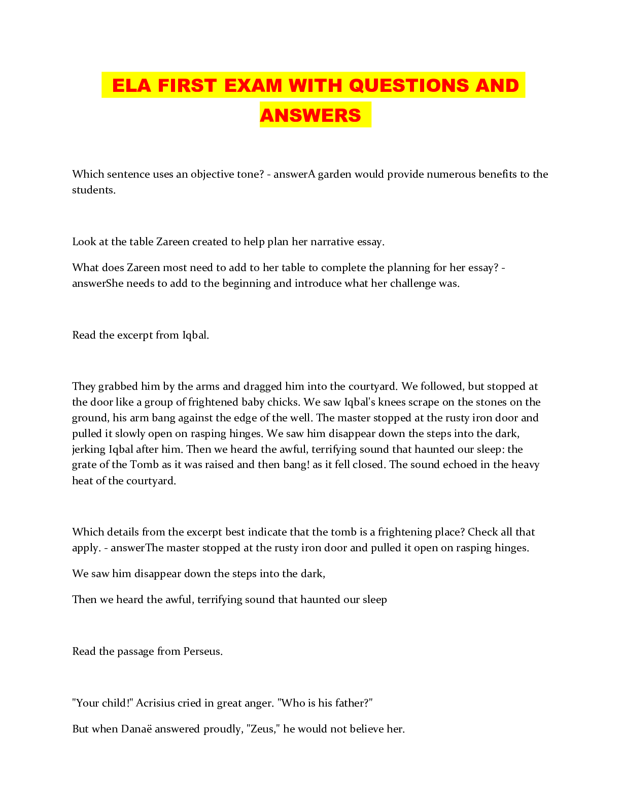 Ela Note Questions ELA FIRST EXAM WITH QUESTIONS AND ANSWERS - Scholarfriends