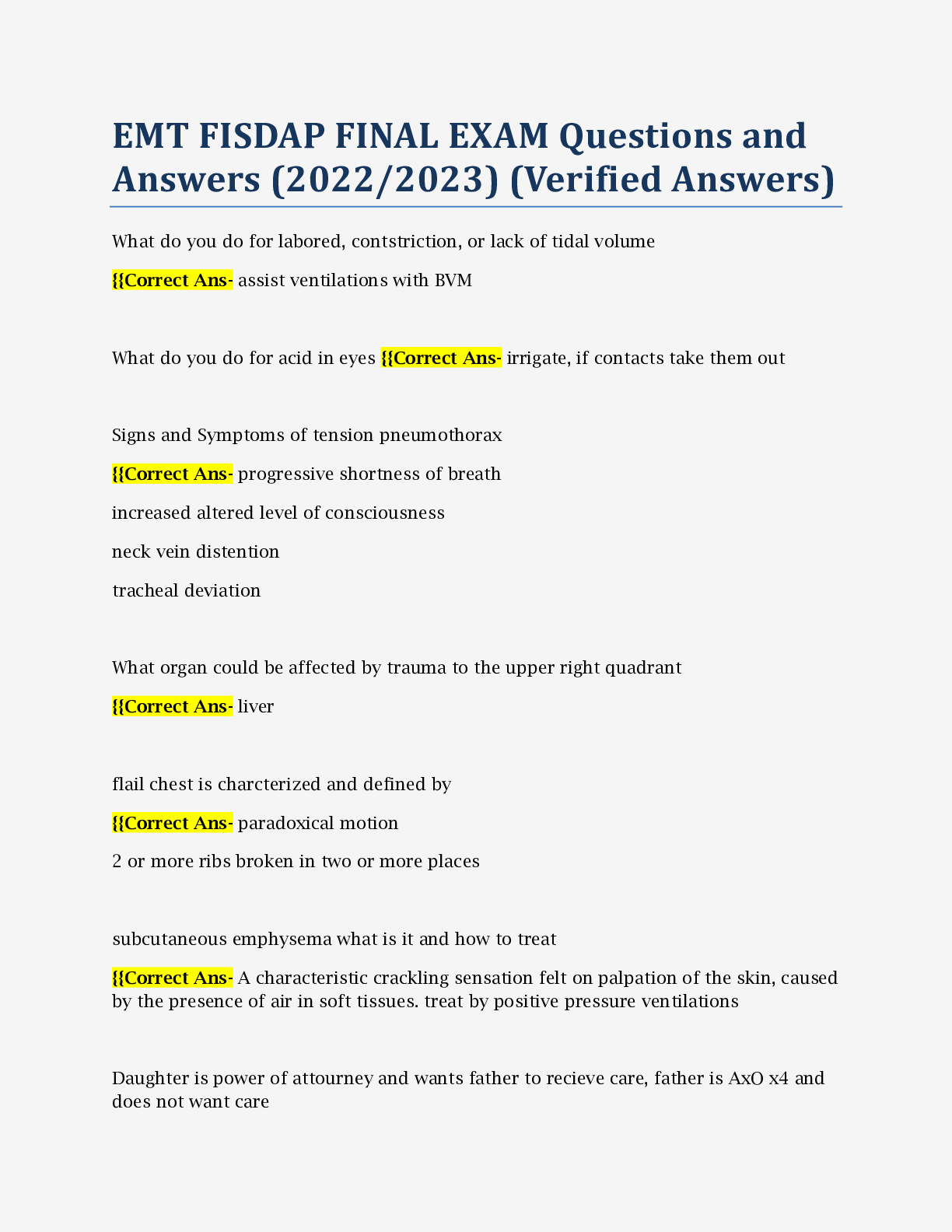 EMT FISDAP FINAL EXAM Questions and Answers (2022/2023) (Verified An ...