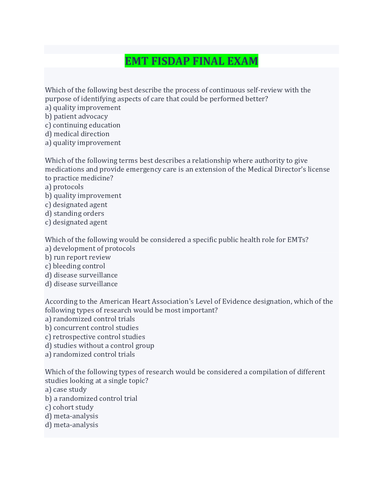 EMT FISDAP FINAL EXAM QUESTIONS AND ANSWERS | ScholarFriends