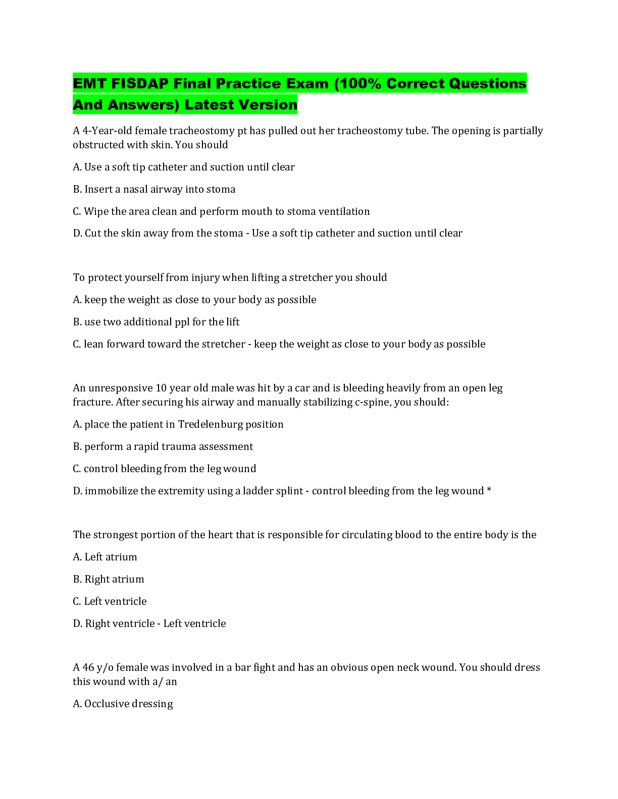 EMT FISDAP Final Practice Exam (100% Correct Questions And Answers ...